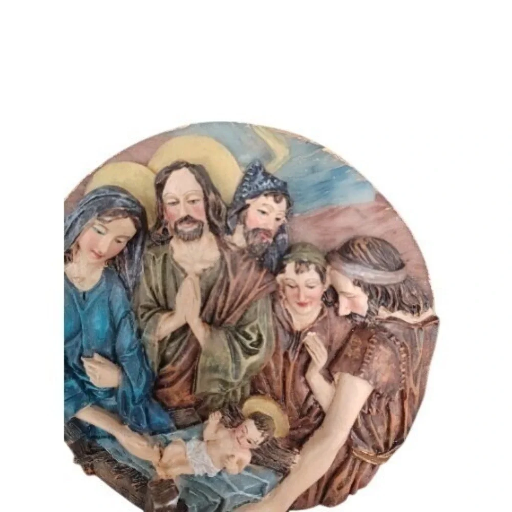 Vintage Nativity Scene Circular 3D Relief Plaque Holy Family‎ Shepherds
